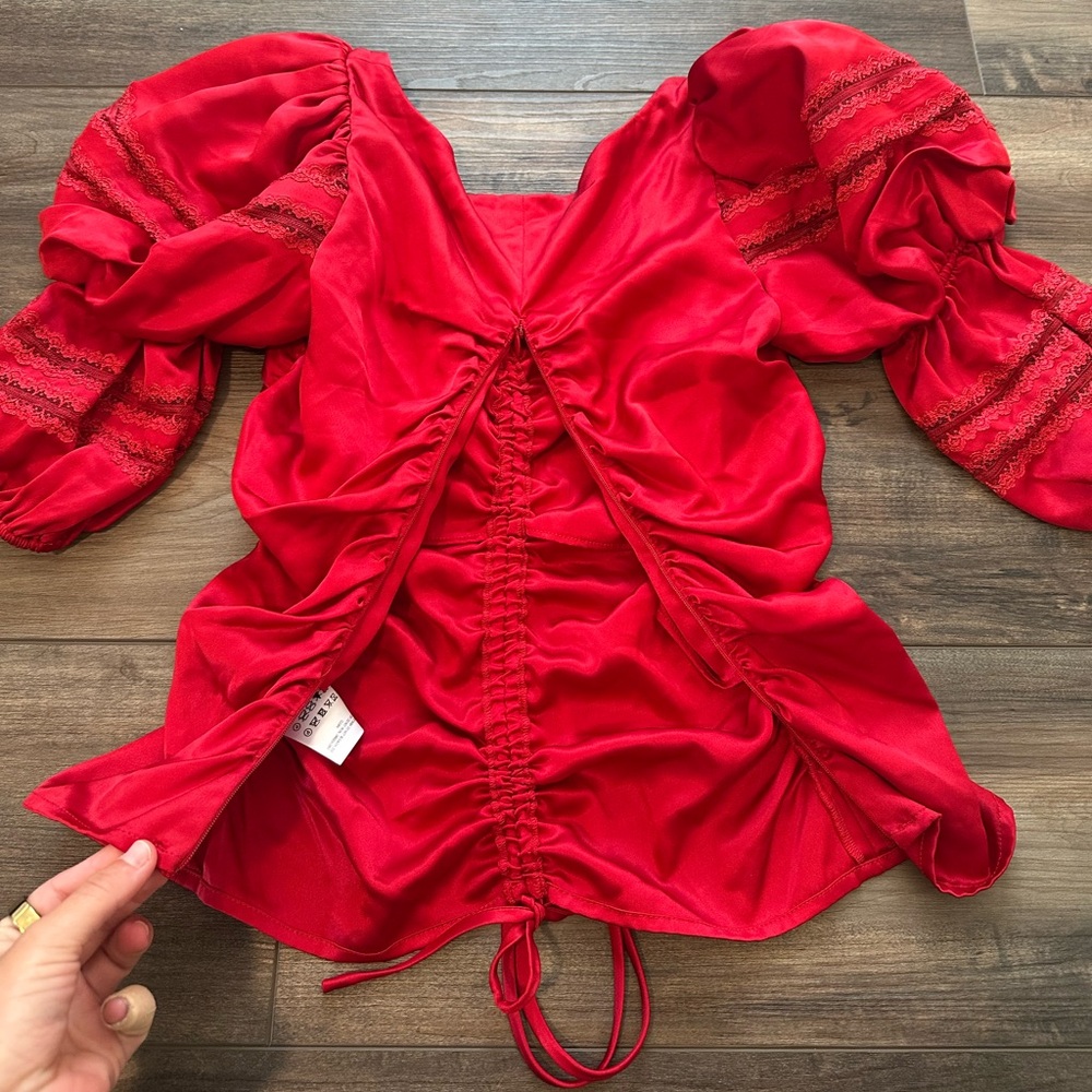 Reformation Red Ruched Puff Sleeve Top - Picture 4 of 7